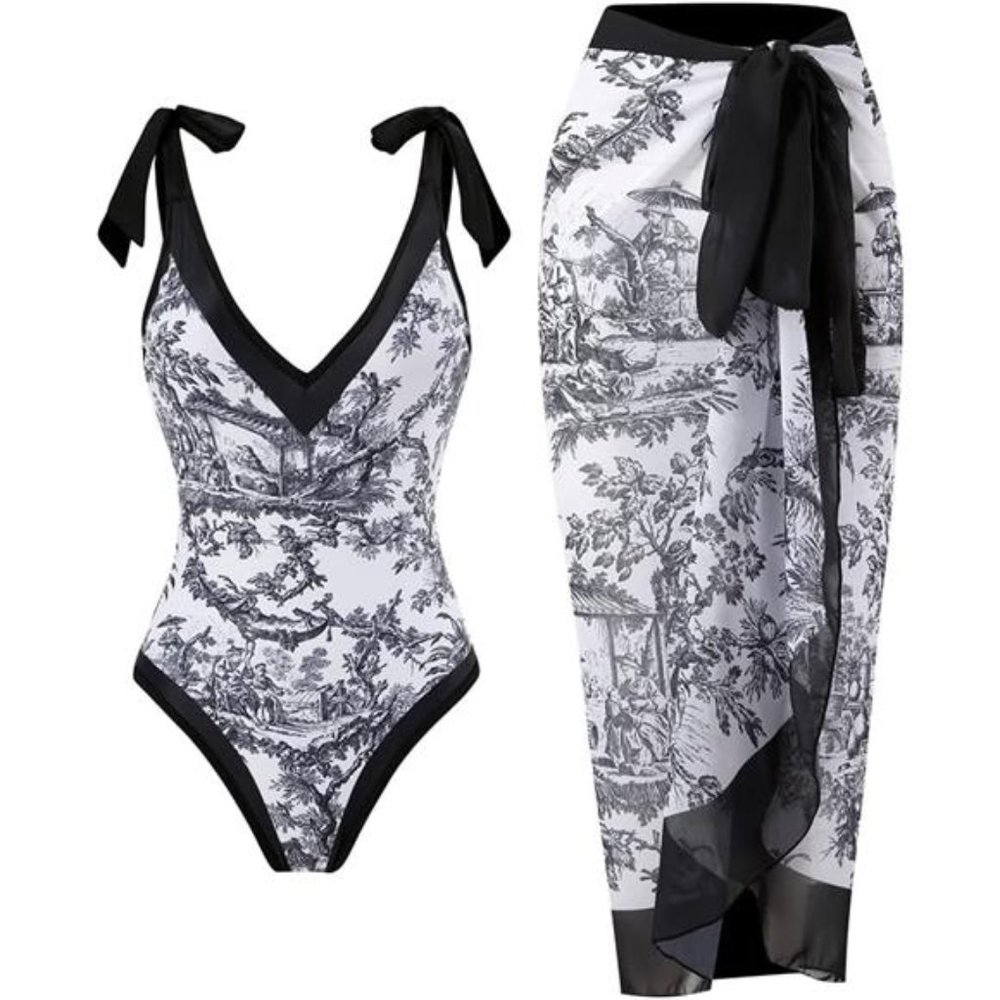 Women Swimsuits V Neck Floral One Piece with Cover Up, Black Flower